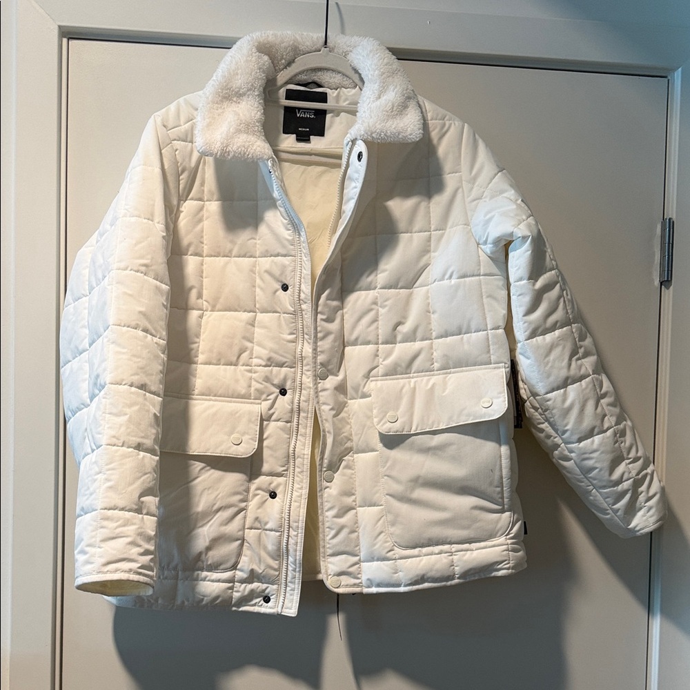Vans White Quilted Jacket with Faux Fur Collar